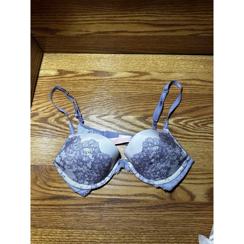 Victoria Secret Dream Angels Push Up Bra Lavender Printed Lace Front 2 Hook 34B